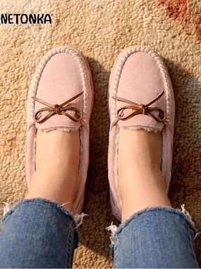 Minnetonka Women’s Tie Moccasin - Indoor/Outdoor with Durable Sole in Pale Pink